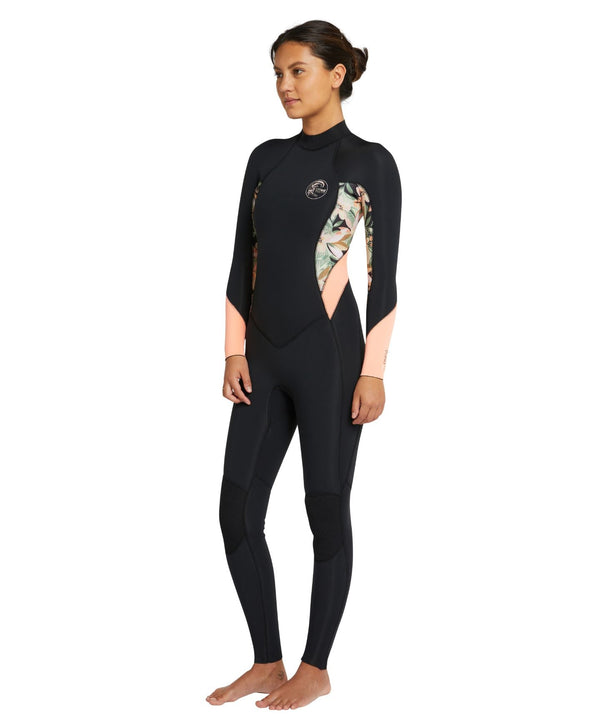 O'Neill Women's Bahia 3/2mm Steamer Back Zip Wetsuit - Black Wild Papaya