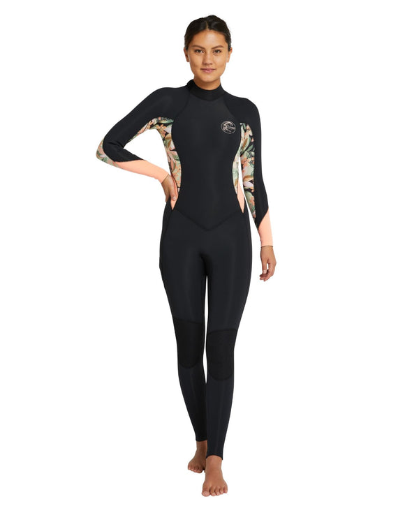 O'Neill Women's Bahia 3/2mm Steamer Back Zip Wetsuit - Black Wild Papaya